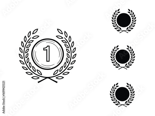 First Place Prize Vector Icon with Trophy, Medal, Wreath, Jockey, Racehorse, Victory Celebration, Competition Achievement, Sport Symbol, Equestrian Success, Minimal Line Art