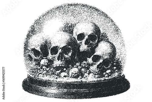 Three human skulls clustered inside a glass dome on transparent background. Vector hand drawn illustration