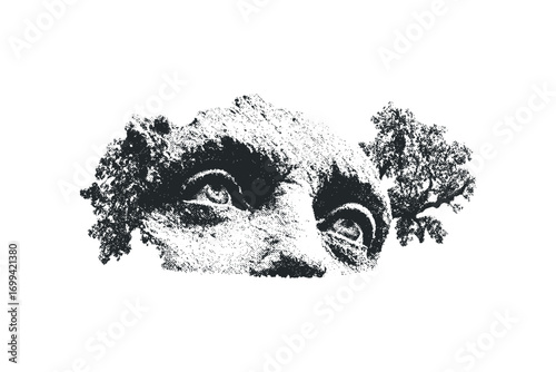 Textured Ancient Face Fragment with Overlapping Trees on Transparent. Vector hand drawn illustration