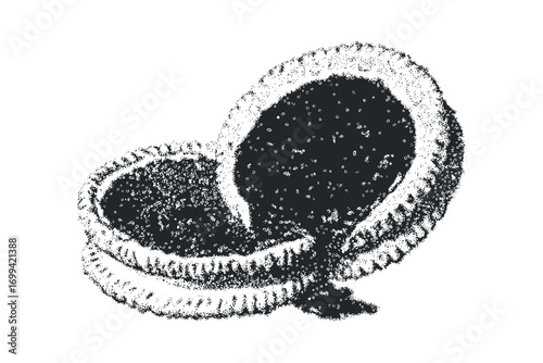Textured woven basket spilling dark granular substance on transparent background. Vector hand drawn illustration