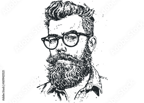 Man with beard and glasses portrait on transparent background. Vector hand drawn illustration