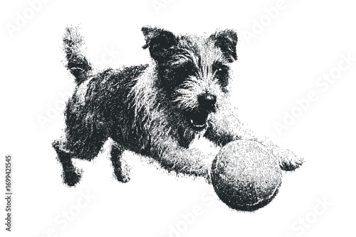 Energetic terrier dog leaping to catch a ball on white. Vector hand drawn illustration