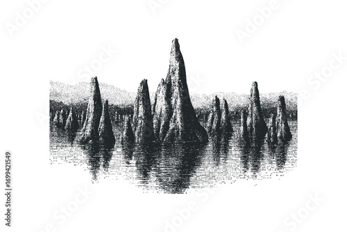 Abstract landscape with pointed rock formations in water. Vector hand drawn illustration
