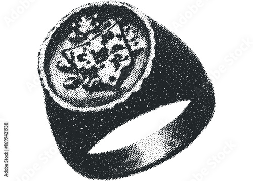 Halftone dot technique ring with embossed crest on transparent background. Vector hand drawn illustration