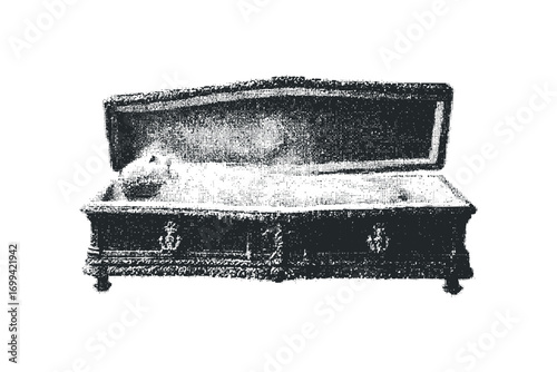 Open ornate coffin with carved details on a white background. Vector hand drawn illustration