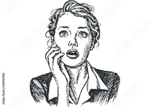 Surprised woman's face with open mouth and hand to cheek, sketch. Vector hand drawn illustration