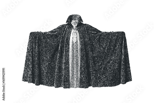 Figure in dramatic cloak with textured fabric and face covering on transparent. Vector hand drawn illustration