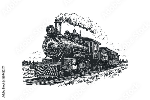 Vintage steam locomotive with smoke billowing from chimney moving on tracks. Vector hand drawn illustration