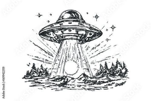 Sketch of a flying saucer hovering over a forest with a beam of light. Vector hand drawn illustration