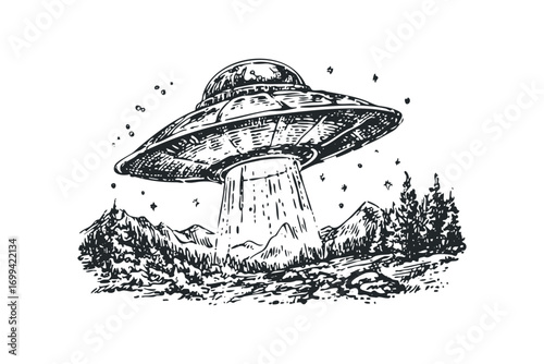 Sketch of a flying saucer beaming light onto a mountain landscape. Vector hand drawn illustration