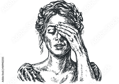 Sketch of a woman covering her face with hand and closed eyes. Vector hand drawn illustration