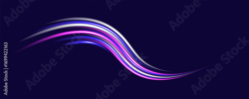  Light motion effect, slow shutter of traffic. High tech concept with luminous arrows moving to side. Speed connection vector background. Neon color glowing lines.