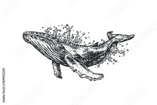 Whale breaching water splash ink drawing. Vector hand drawn illustration