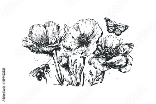 Hand drawn sketch of poppy flowers and insects on transparent background. Vector hand drawn illustration