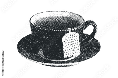 Vintage style teacup with tea bag and saucer, transparent. Vector hand drawn illustration
