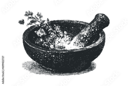 Halftone Dot Textured Mortar and Pestle with Herbs on Transparent. Vector hand drawn illustration