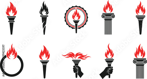 Collection of vintage torch icons, flaming fire symbols, hand-held flames, ancient pillars, fire emblem designs, red and black vector graphics