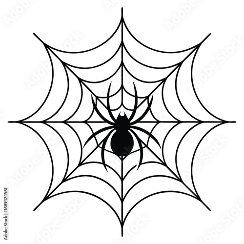 A silhouette of a spider hanging from a web on a white background