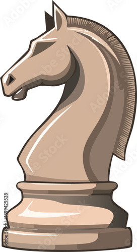 A stylized illustration of a chess knight piece, rendered in a beige color.