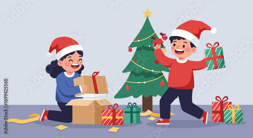 A delightful Flat Design vector illustration depicting two joyful children eagerly opening their Christmas presents. This clean, modern 2D artwork perfectly captures the pure excitement and happiness 