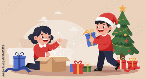 A delightful Flat Design vector illustration depicting two joyful children eagerly opening their Christmas presents. This clean, modern 2D artwork perfectly captures the pure excitement and happiness 