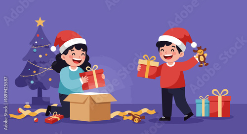 A delightful Flat Design vector illustration depicting two joyful children eagerly opening their Christmas presents. This clean, modern 2D artwork perfectly captures the pure excitement and happiness 