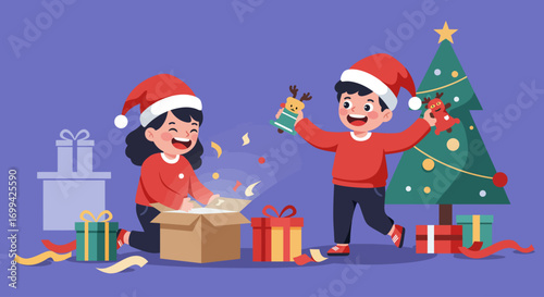 A delightful Flat Design vector illustration depicting two joyful children eagerly opening their Christmas presents. This clean, modern 2D artwork perfectly captures the pure excitement and happiness 