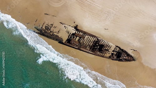 Aerial photography of S.S. Maheno shipwreck on the beach of Fraser Island