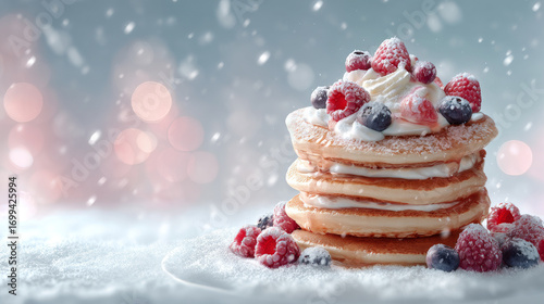 Delicious pancakes stacked high with white cream and fresh berries, creating delightful winter treat amidst snowy backdrop