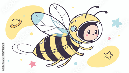 Adorable Cartoon Bee Astronaut Exploring Space with Cute Friendly Expression