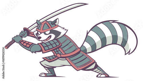 Cartoon Raccoon Samurai Warrior with Katana Sword in Fighting Stance