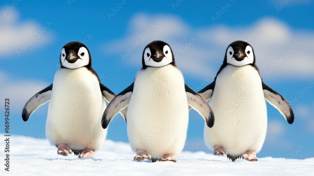 Obraz premium Adorable Chicks of Emperor Penguins Walking on Snowy Landscape