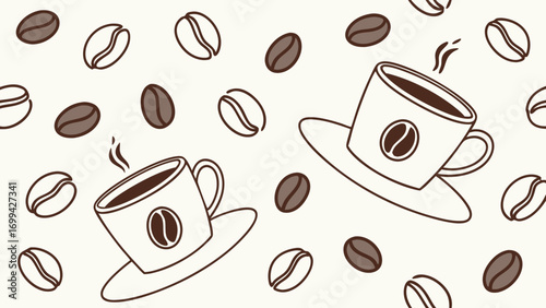 Steaming Coffee Cups and Scattered Coffee Beans on Creamy Background