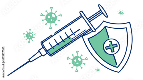 Stylized Vaccine Syringe with Shield and Virus Icons in Teal and Blue