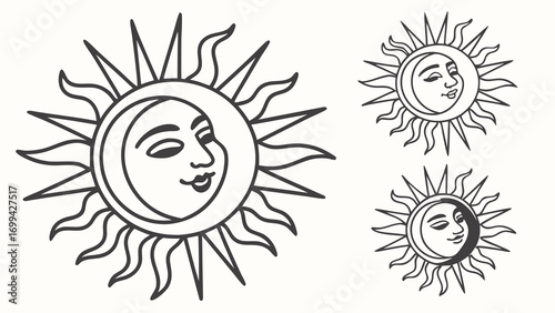 Three Vintage Sun and Moon Symbols with Faces