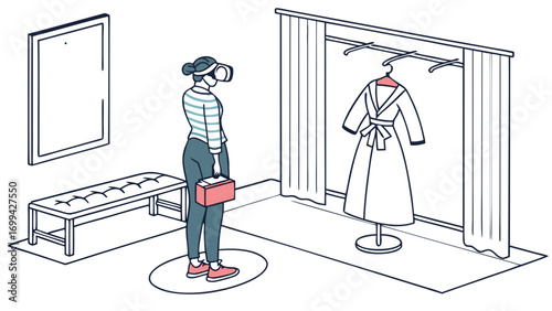 Woman in VR headset shopping for dress in virtual fitting room