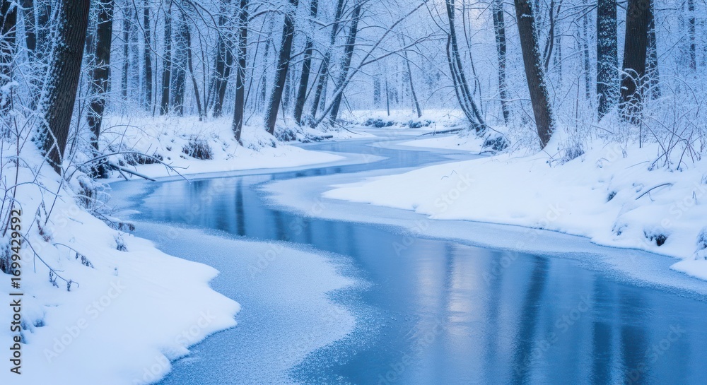 Naklejka premium Serene Winter River: Snow-Covered Banks and Icy Blue Waters