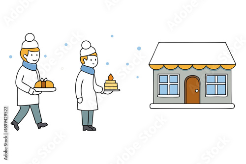 Person delivering bread and cakes from bakery shop in snowy street, vector illustration