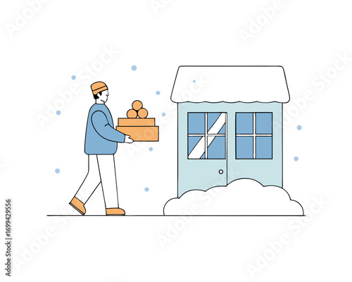 Person delivering bread and cakes from bakery shop in snowy street, vector illustration