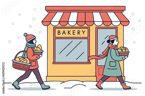 Person delivering bread and cakes from bakery shop in snowy street, vector illustration