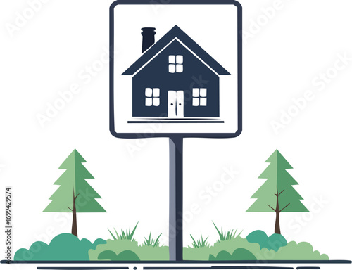 A simple graphic of a house sign, situated between two trees, in a landscape setting.
