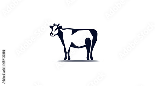 A black and white illustration of a cow standing in a simple, minimalist style.