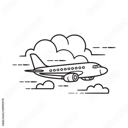 Airplane Soaring Among the Clouds A Black and White Line Drawing of a Passenger Jet in Flight