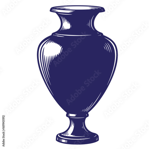 Elegant engraved illustration of a blue vase with a classic decorative design on white background