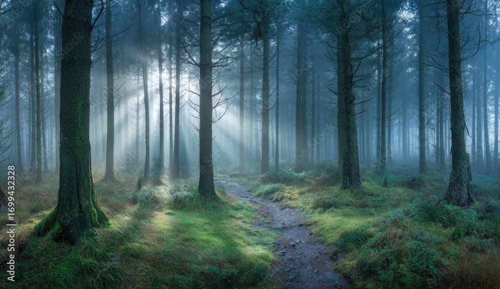 Fototapeta premium Misty sunlight streams through a dense forest, illuminating a pathway winding through the tranquil woods.