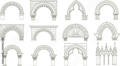 Detailed architectural arches collection, historic stone archways, medieval and gothic arch designs, classic ornamental archways, vintage doorway illustrations, ancient masonry patterns