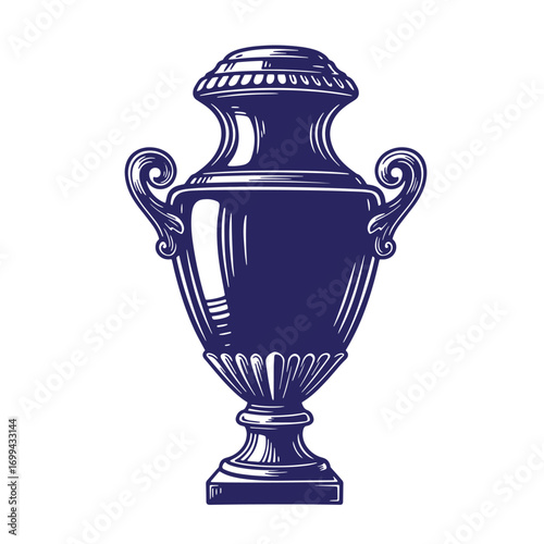 Elegant navy blue antique urn vector illustration with decorative handles and lid