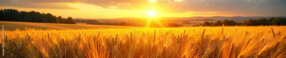 Obraz premium Golden wheat field shimmering under a summer sun, ripe and ready for harvest Rolling hills, vast expanse of agricultural landscape Beautiful rural scene at sunset , summer, golden hour