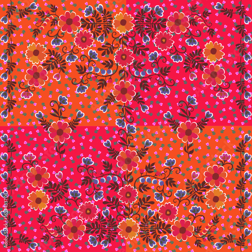 Vintage flowers, twigs and berries on a colorful floral background. Beautiful seamless pattern for fabric.