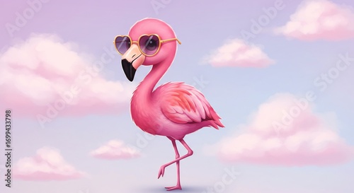 Flamand rose stylis� lunettes soleil douce lumiere pastel. AI Generated